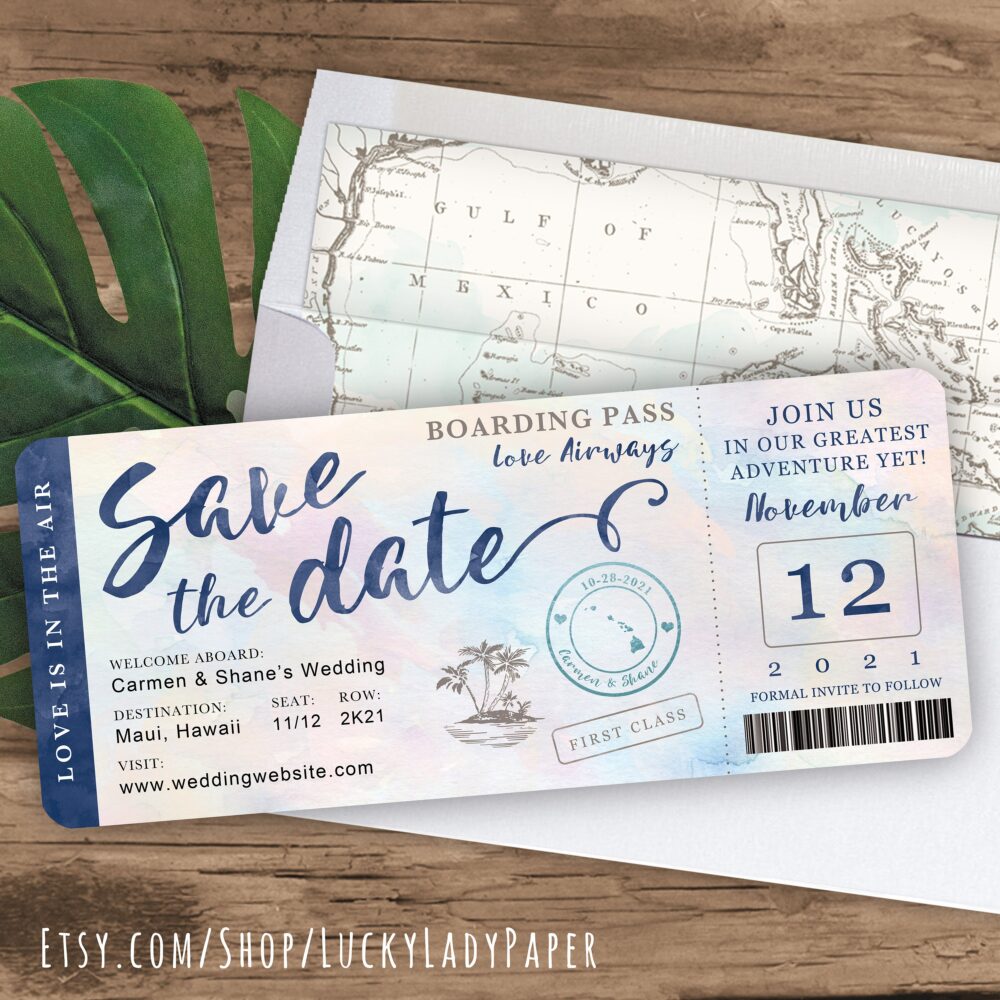 Destination Wedding Boarding Pass Save The Date Invitation in Navy With Multicolor Watercolor By Luckyladypaper - See Item Details To Order