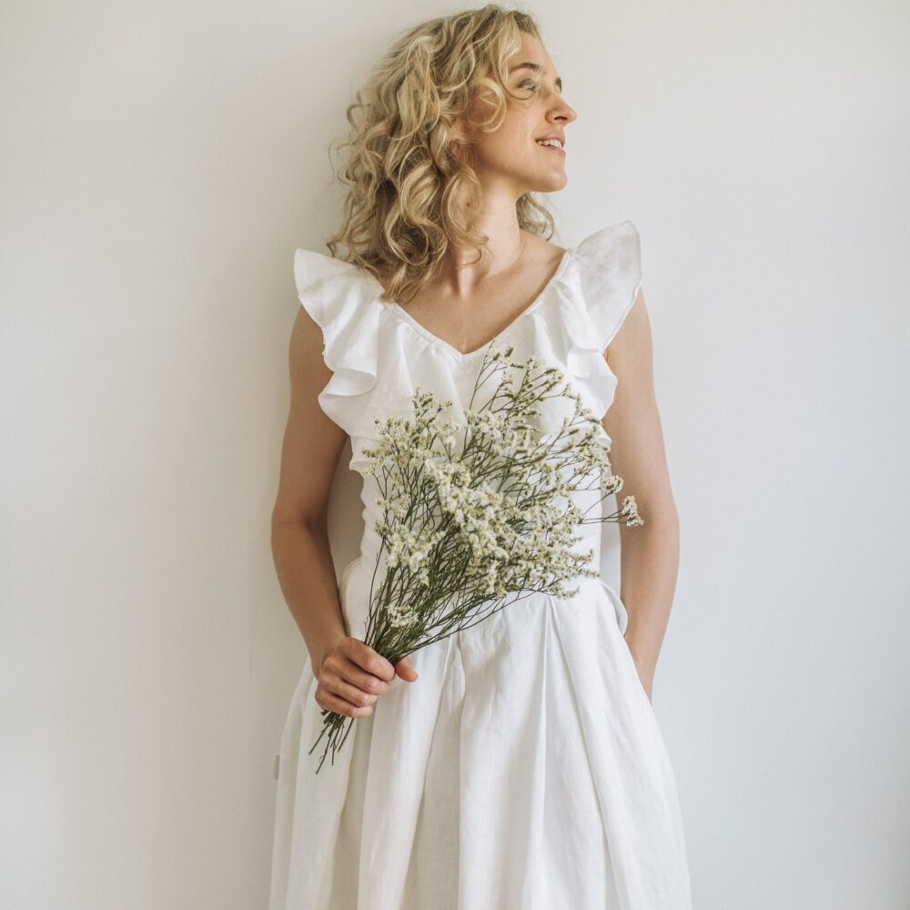 Linen A-Line Wedding Dress/Bohemian Goddess Gown For Nature-Inspired Rustic Ceremonies