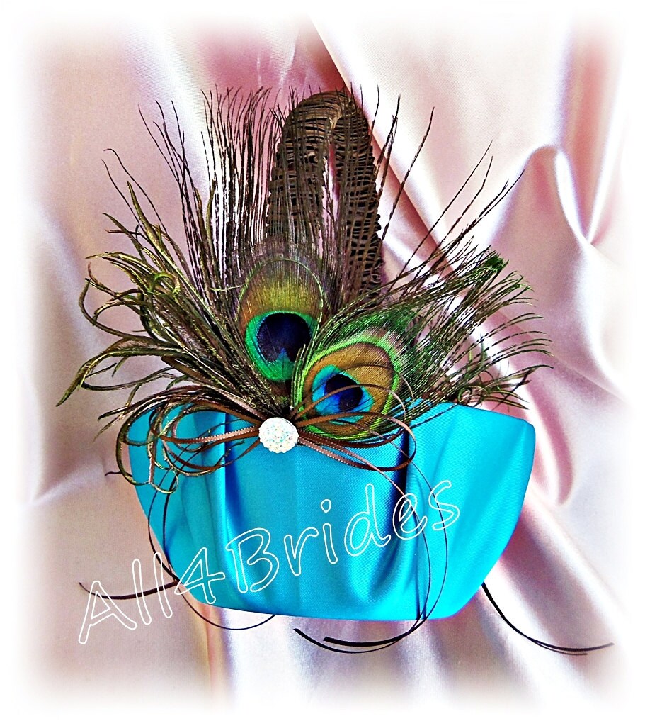 Peacock Wedding Flower Girl Basket Turquoise & Chocolate Brown, Peacock Feather Decorations