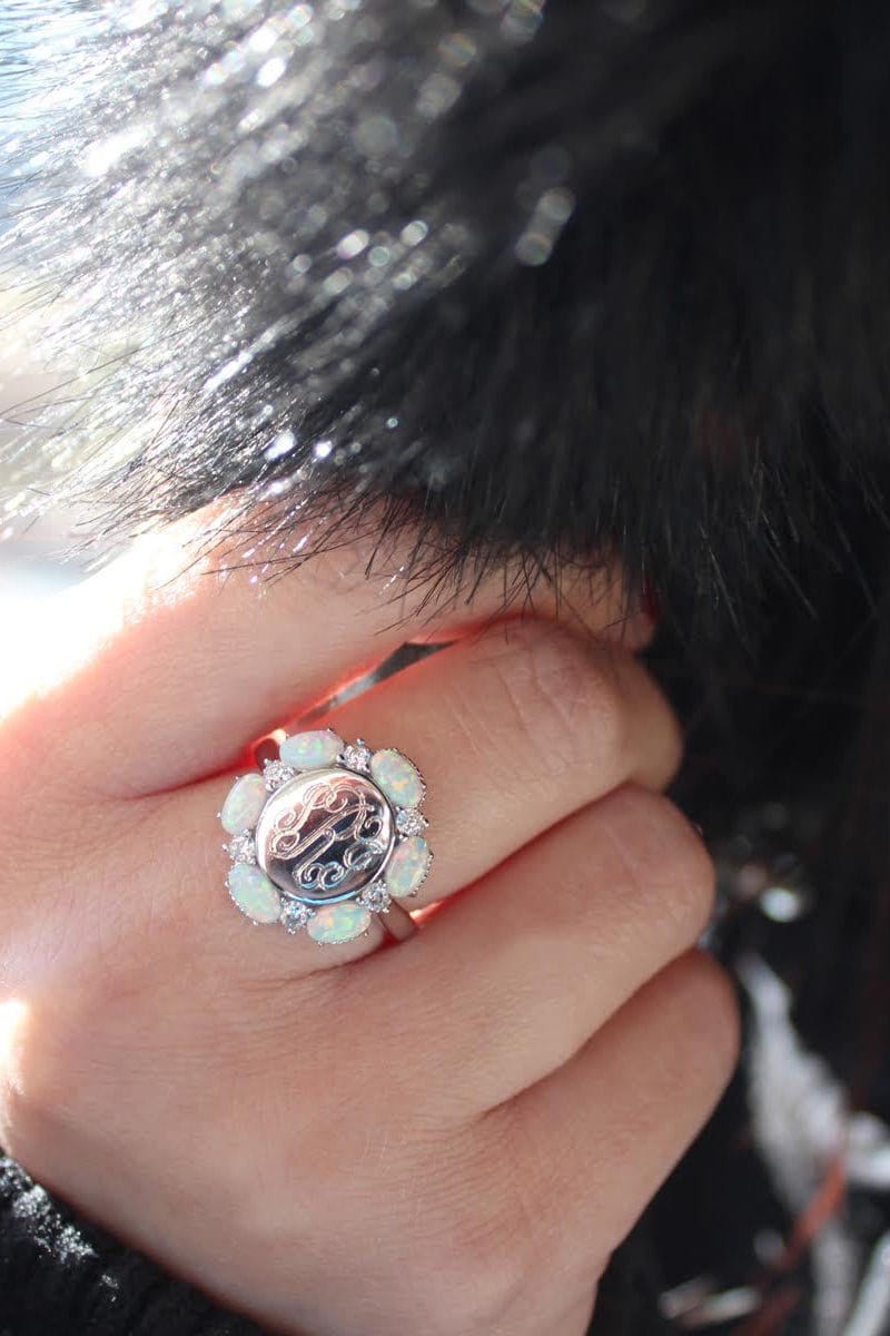 Personalized Sterling Silver Opal Monogram Ring - Elegant Initial Jewelry Gift For Her