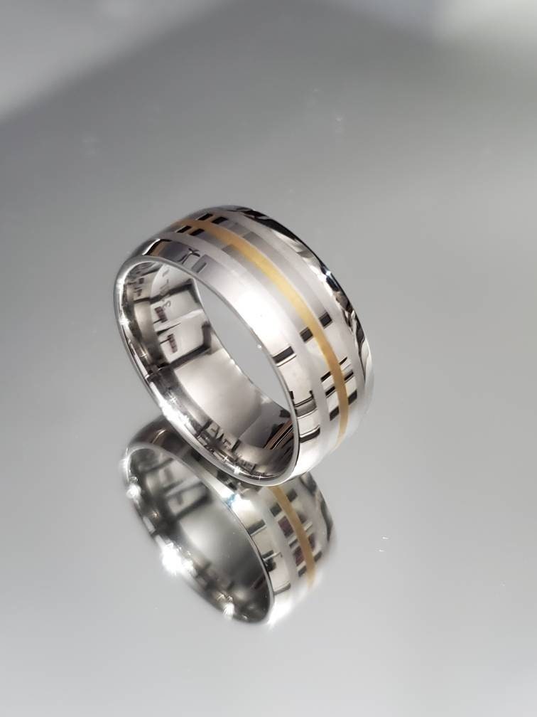 Simple Stainless Steel Ring With Gold Accent - Modern Unisex Design, 9mm Band, Polished Finish