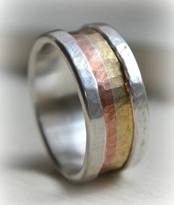Mens Retro Wedding Band - Marriage Of Metal Fine Silver With 14K Yellow & Rose Gold Handmade Lining Customized