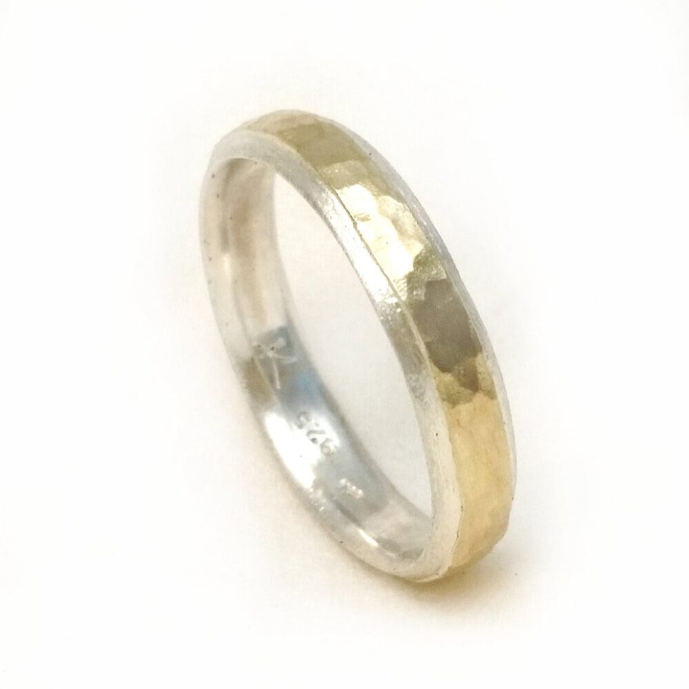 Narrow Men's Wedding Band, Sterling Silver Men Band With Yellow Gold Sheet Soldered On Top, Ilanamir