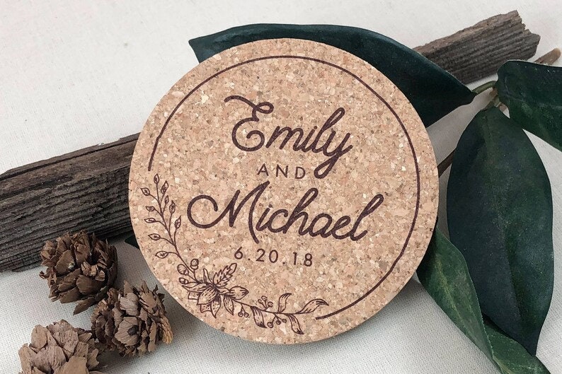 Wedding Favor Coasters, Floral Personalized Cork Save The Date Rustic Coasters