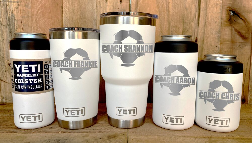 Yeti Stainless Steel Tumbler Laser Engraved 20 Or 30 Oz & Can Colsters - Personalized Soccer Ball Player Coach Gift, Select Color