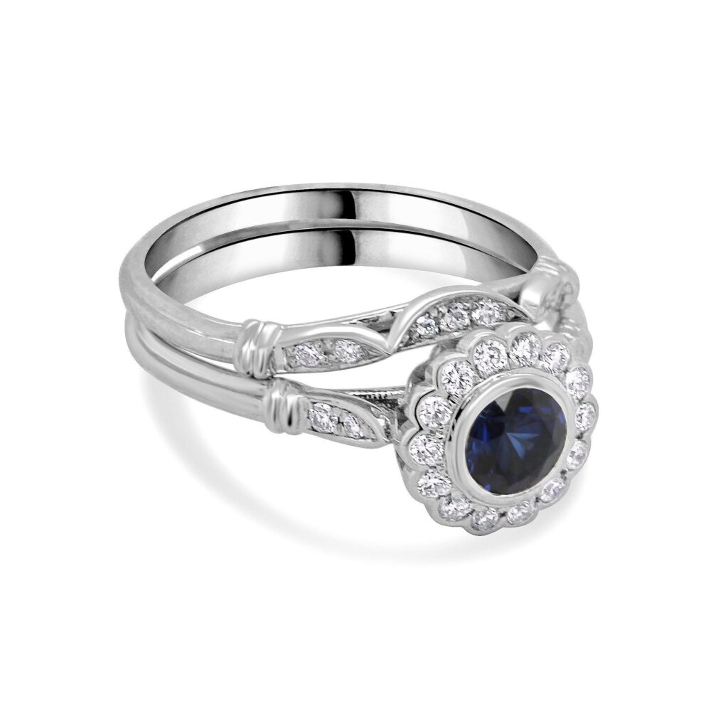 Flower Diamond Matching Set, Blue Sapphire Engagement Ring, Art Deco Wedding Band, Halo Gold Platinum Ring Band Set