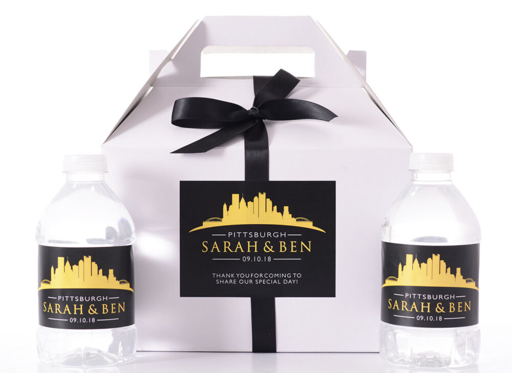 Pittsburgh Wedding Favor Boxes - Hotel Welcome Box Kits With Matching Water Bottle Labels City Skyline Custom Sets
