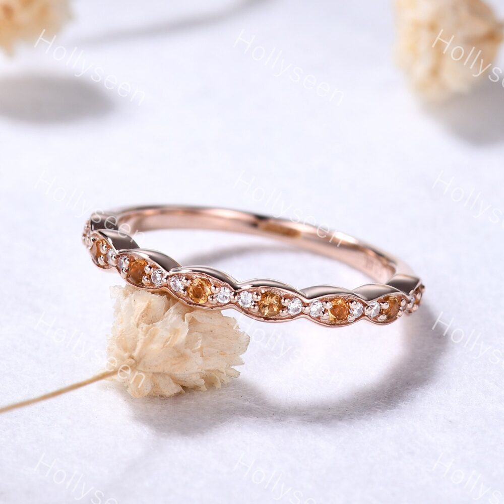 Citrine Moissanite Wedding Ring Band Silver Rose Gold Yellow Stone Bridal Stackable Half Eternity Birthstone Stacking For Her