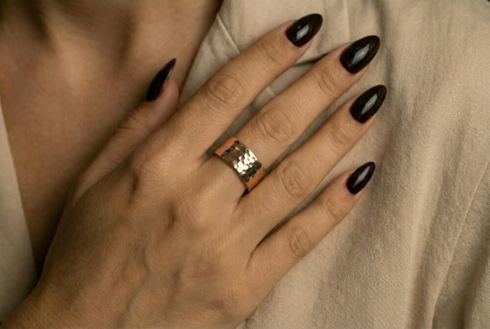 Pink Gold Hammered Band 14K Rose Ring Wide Bridal Engraved 10mm Simple