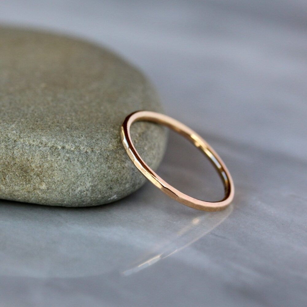 Slim Gold Wedding Ring, Faceted 14K Yellow Or Rose Gold, Hammered Band For Her
