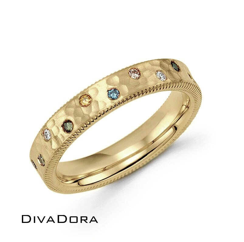 14K Solid Gold Wedding Band With Color Diamonds, Diamond Ring, Hammered Band, Customizable, Free Engraving Inside, Dc657-8