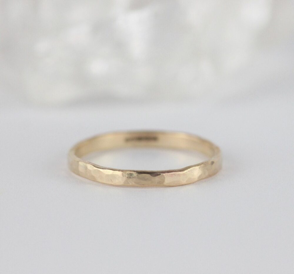 9Ct Gold Unique Womens Wedding Ring. Dainty Hammered Band. Boho Stacking Ring