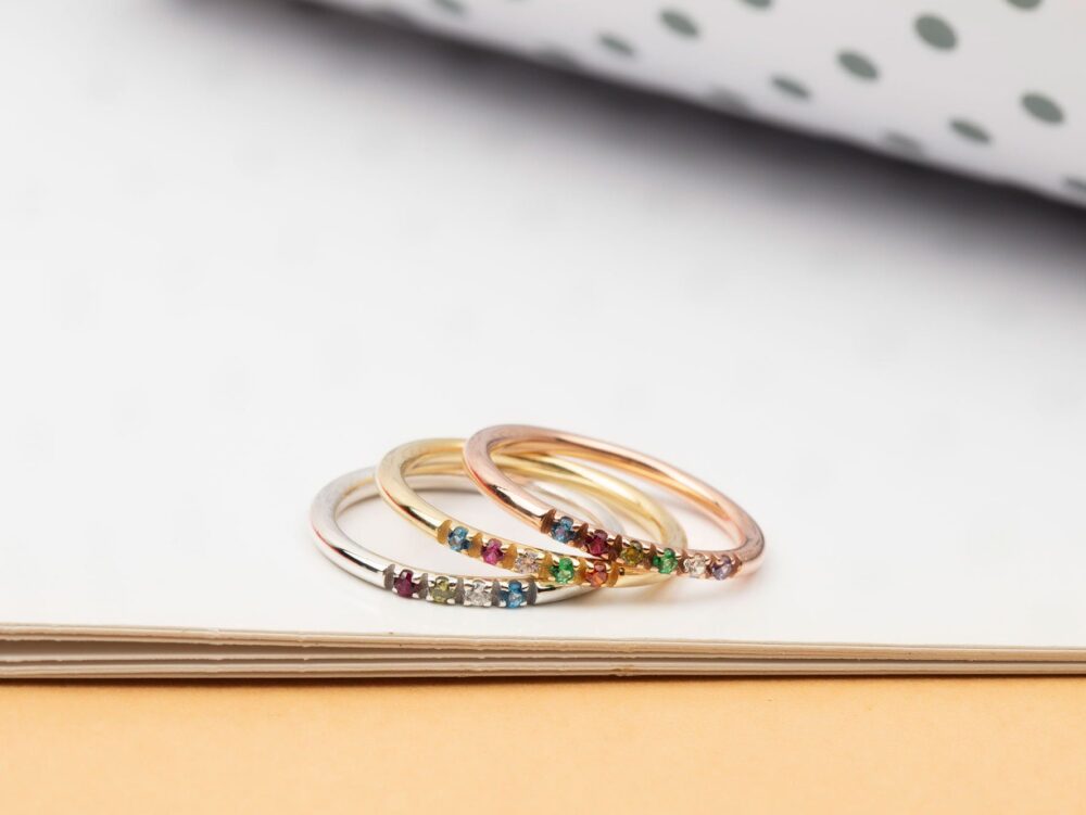 14K Gold Family Birthstone Ring, Personalized Initial Stacking Gemstone Ring