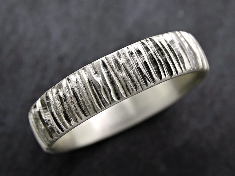 Rustic Mens Sterling Silver Ring Carved Tree Bark Wedding Band