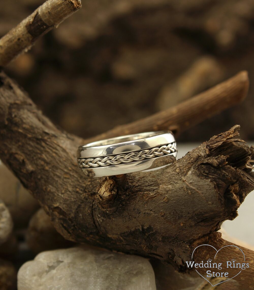 Braided Wedding Band in Sterling Silver, Unusual Ring Antique Style, Women's Wicker Band, Men's Twist Ring, 7mm