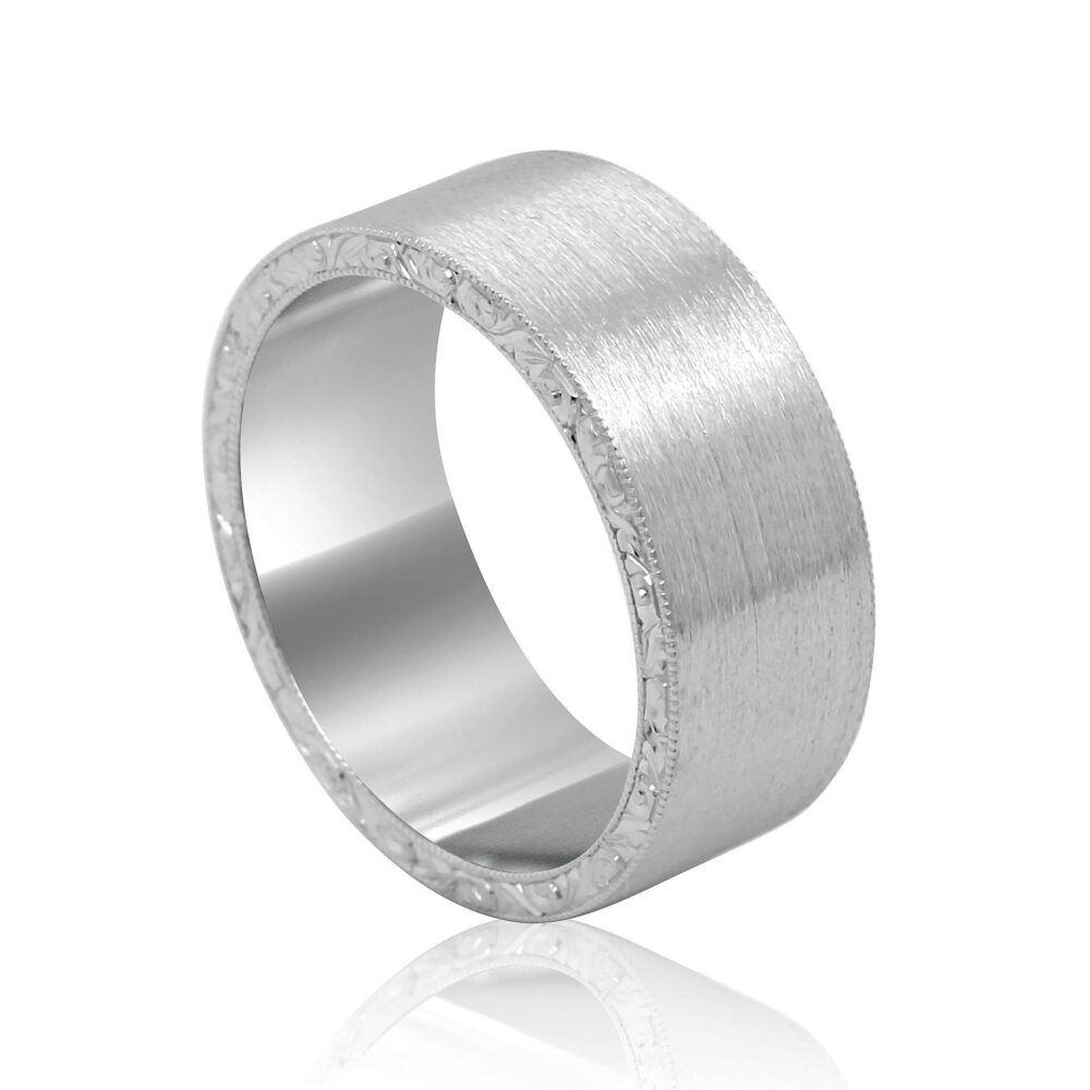 Art Deco Men's Wedding Band - Bold Engraved Eternity Silver Ring, 8mm Satin Finish Vintage Style
