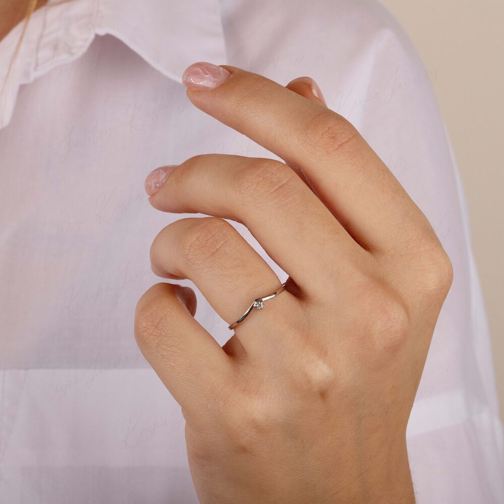 Dainty Minimalist Curved Silver Wedding Band, V Shaped Chevron Cz Solitaire Small & Tiny Promise Ring For Her