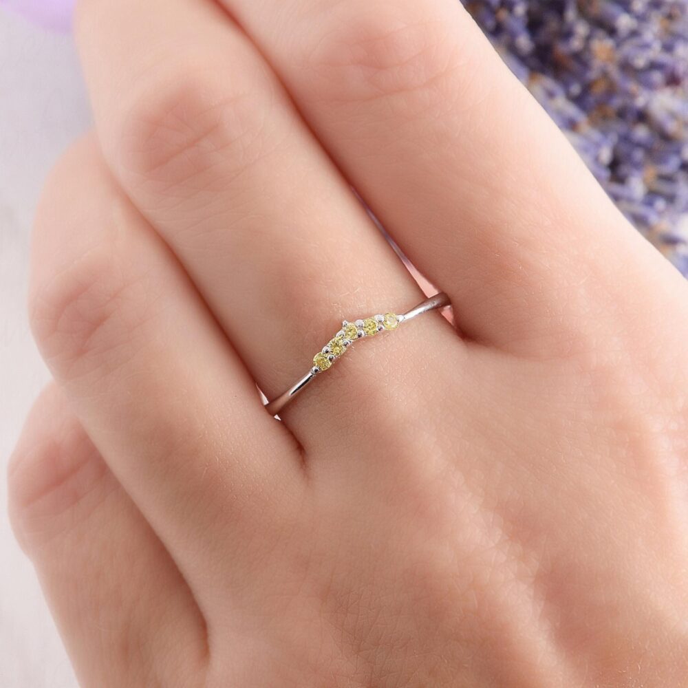 Dainty Curved Wedding Band, Citrine Womens Minimalist Small Silver Chevron Ring, V Band