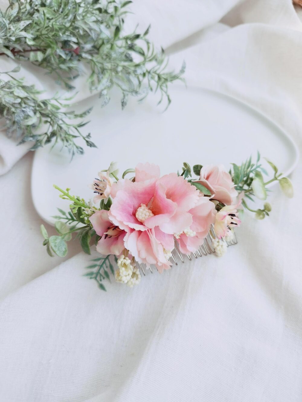 Pink Bridal Hair Comb, Wedding Spring Floral Flower Com, Flower Accessories, Floral Headpiece, Pearls, Eucalyptus