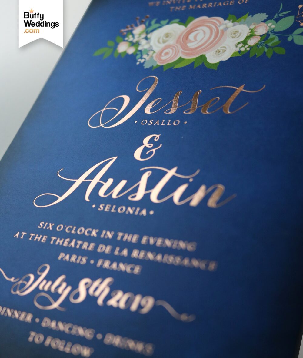 Rose Gold Foil Calligraphy Printed Invitation Set . Pink Peony Blush Ranunculus White Garland Dusty Miller Blue Wedding