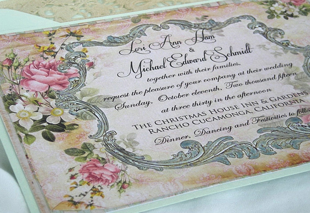 Rustic Wedding Invitation Mint Green Blush Pink Vintage Shabby Chic Custom Lace