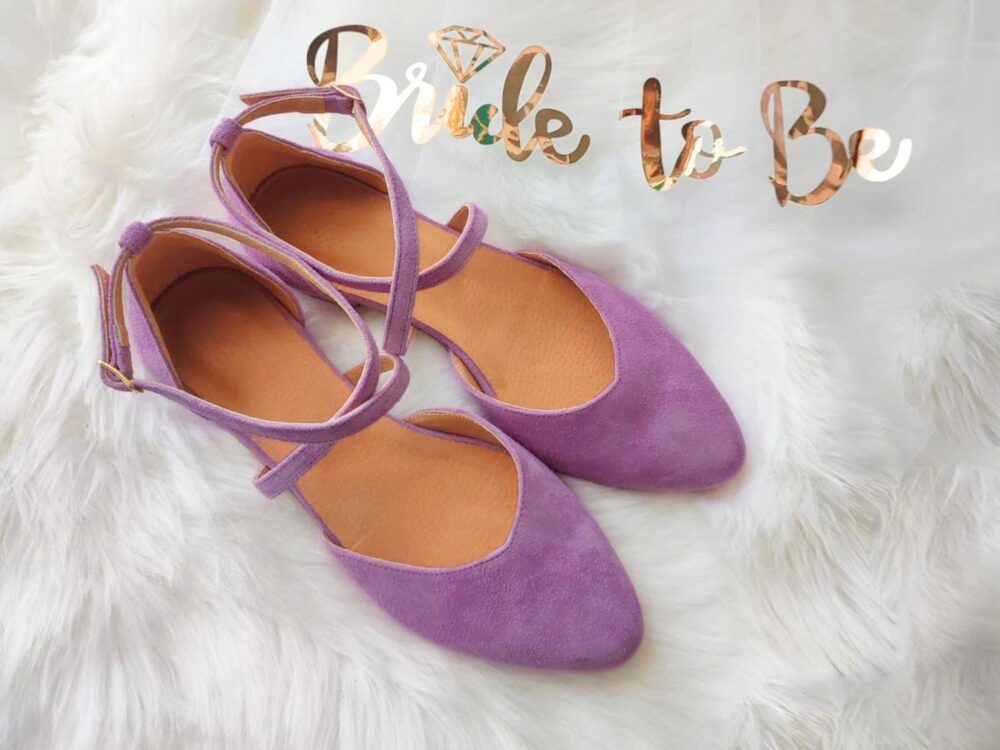 Bride To Be Ballet Shoes, Lilac Marriage Flats, Pointy Little Heel Cross-Front Closure, Flower Girl Pumps, Violet Ceremony Shoes