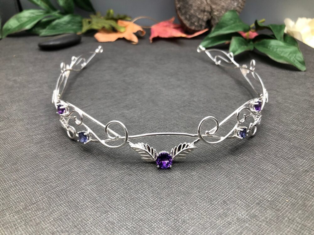 Elvish Bridal Circlet Sterling Silver Peridot Sapphire Fae Wedding Headpiece, Renaissance Tiara