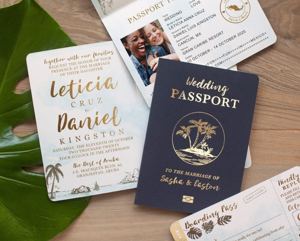 Destination Save The Date Wedding Passport Party Invitation Set in Gold & Aqua Watercolor Tropical - See Item Details To Order