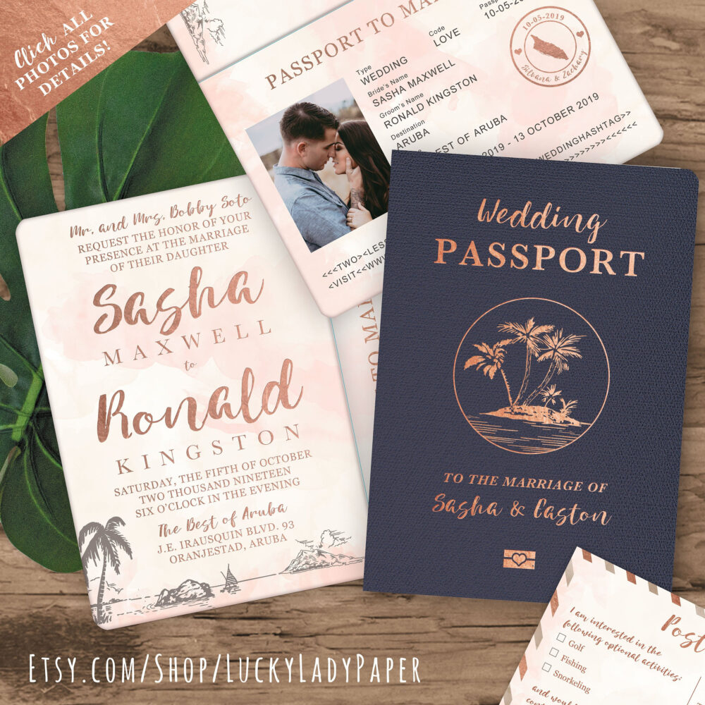 Customized Pdf File Rose Gold Watercolor Destination Wedding Passport Invitation Set By Luckyladypaper - Diy Printing