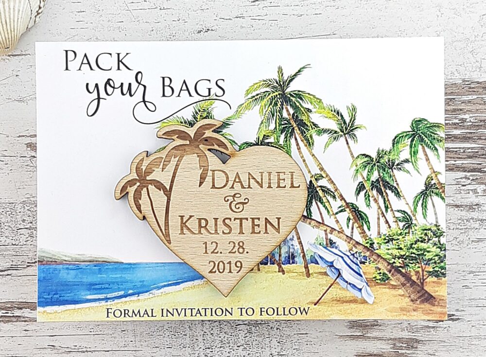 Save The Date Magnet Palm Tree, Wood Wedding Magnet, Rustic Beach Date, Pack Your Bag Custom Save Date