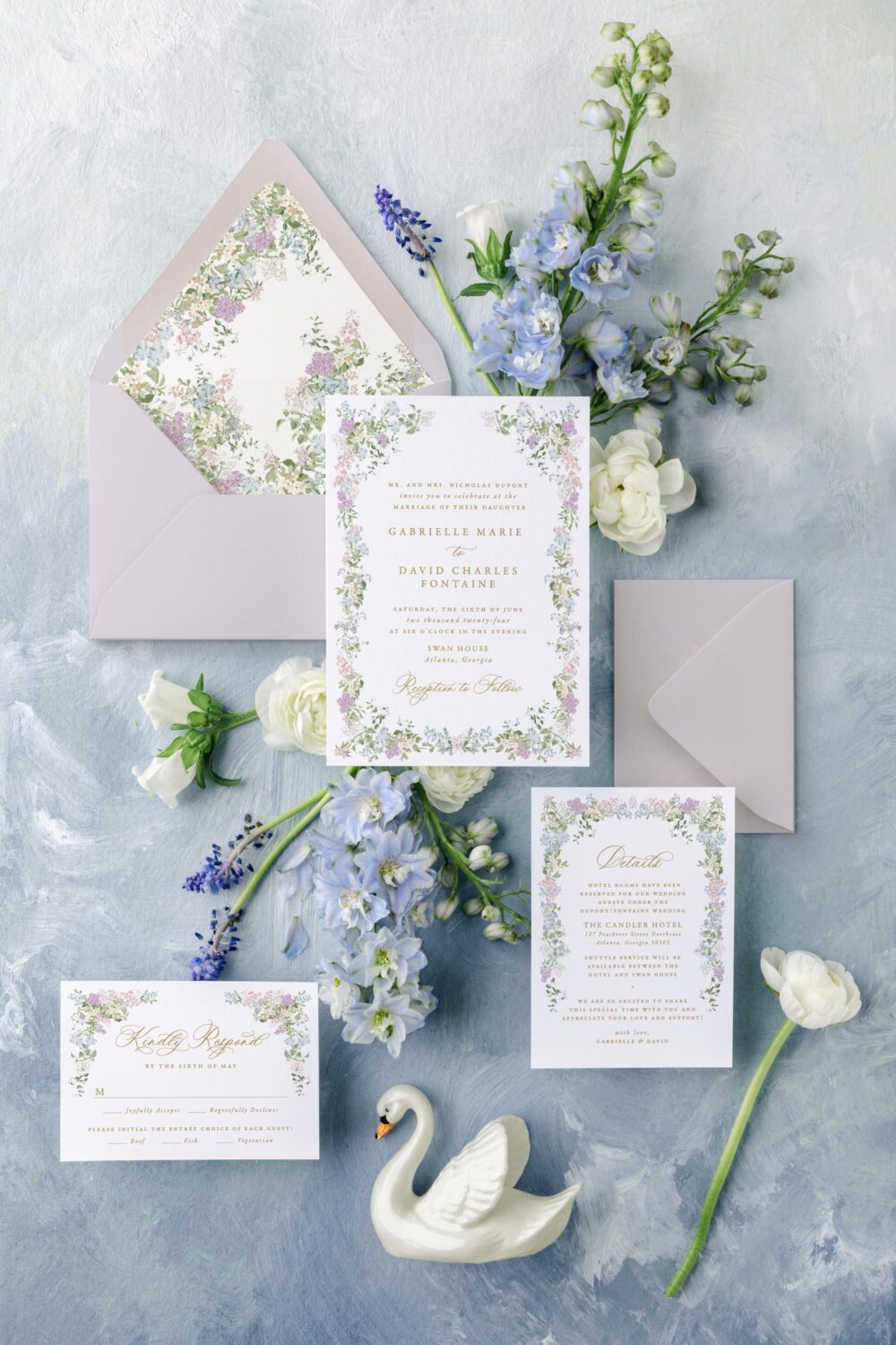 Floral Wedding Invitation Set, Elegant Invitations, Printed Invite With Wreath, Romantic Invites Gabrielle