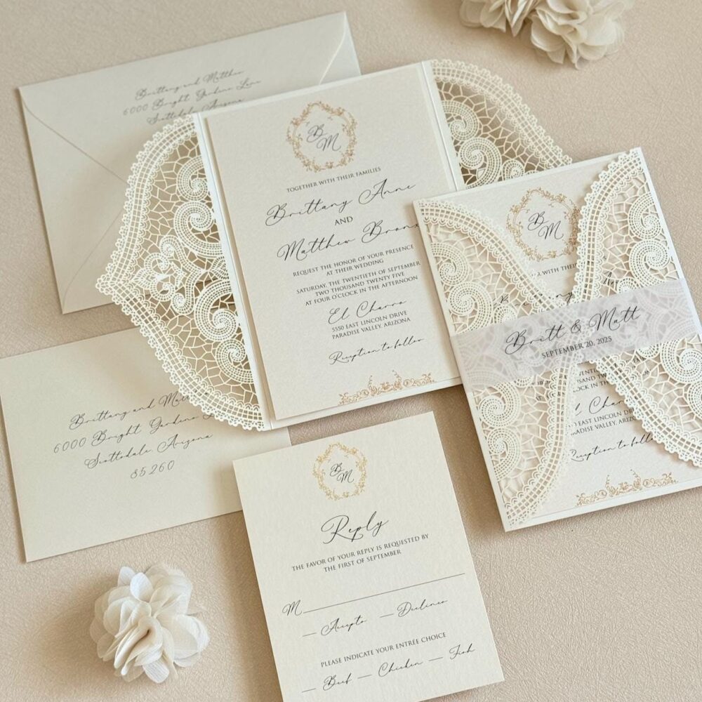 Ivory Lace Wedding Invitation Elegant Gold Invite Laser Cut Handmade Card Vintage Glam Botanical Monogram