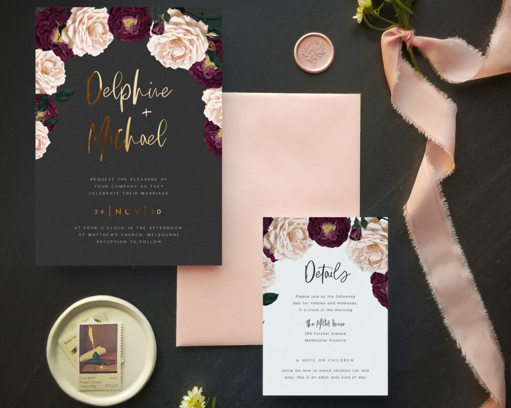 Burgundy Wedding Invitation Suite, Gold Foil, Vintage Invitation, Invite, Dark Red, Purple, Floral, Garden - Empress D