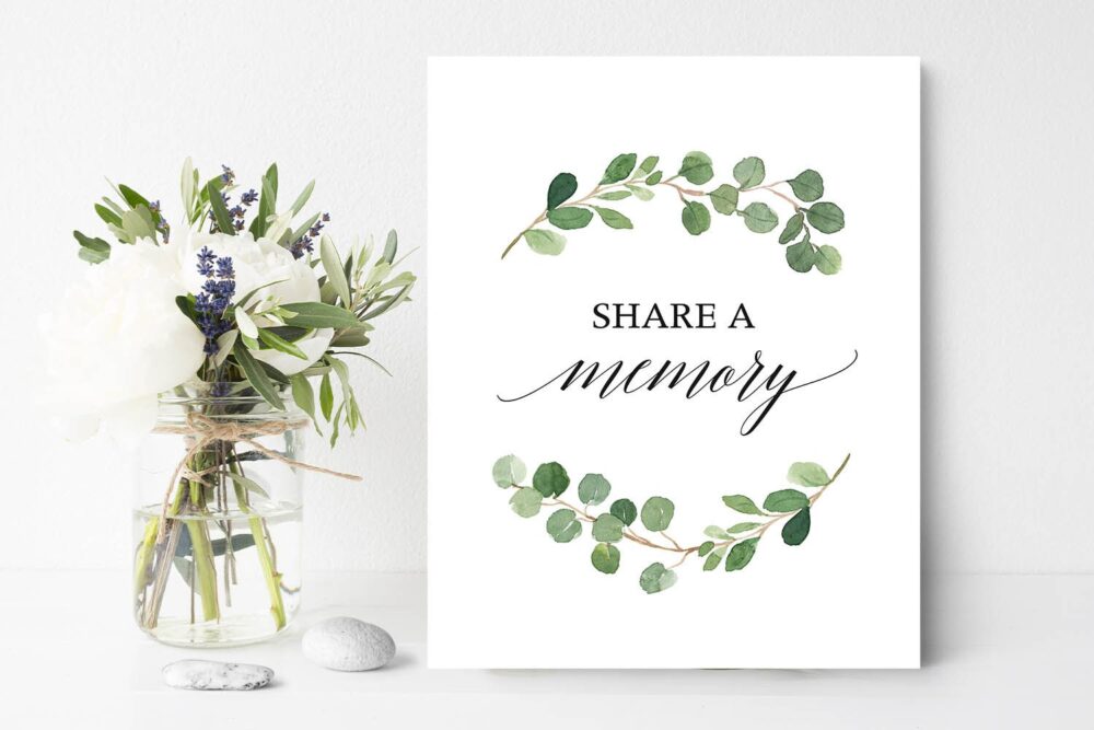 Greenery Share A Memory Sign, Masculine Funeral Favorite Celebration Of Life Table Decor For Funeral, 8 X 10 Printed Or Digital