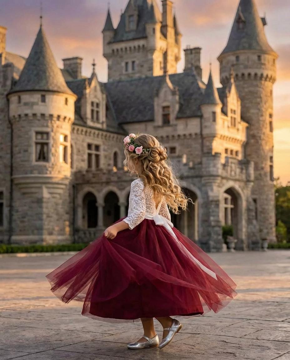 Burgundy Lace Flower Girl Dress | Vintage White Wedding Proposal Outfit