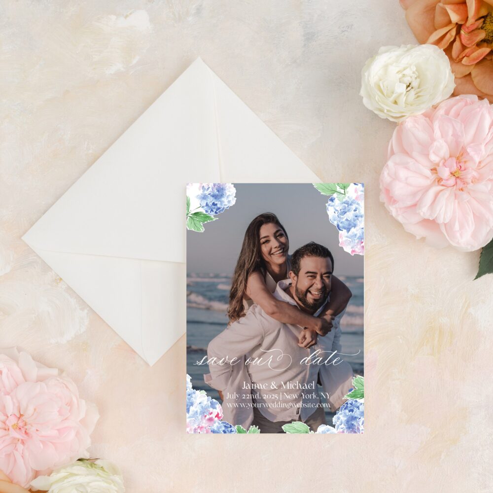 Dusty Blue Floral Save The Date With Photo, Picture Dates Watercolor, Hydrangea Flowers, Custom Envelopes