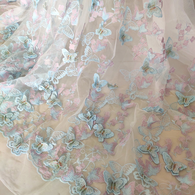 3D Blue Purple Butterfly White Tulle Exquisite Embroidery Soft Fabric Wedding Lace Bridal Dress 59" Width By Yard