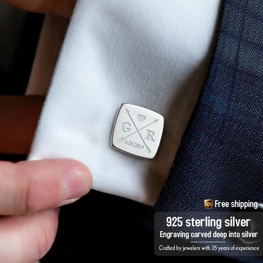 Custom Wedding Cufflinks Silver, Arrow Cufflinks, Personalized Groomsmen Groom Cufflinks, Date, Initial, Gift From Bride