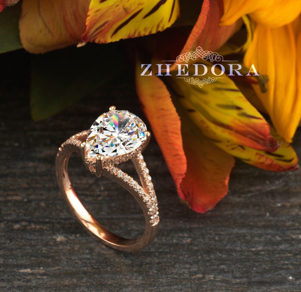 Engagement Ring - Pear Shaped Moissanite Ring- Split Shank Solid Gold Bridal Cut Solitaire Anniversary Gift