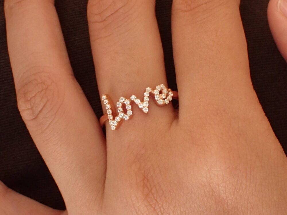 Diamond Love Ring, 14K Gold Dainty Rose Unique Ring