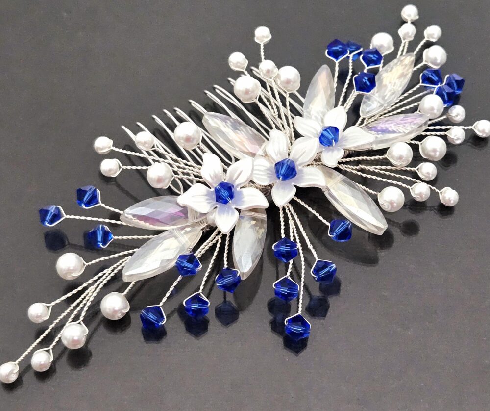Blue Crystal White Pearl Wedding Hair Comb, Sapphire Side Bridal Prom Piece, Accessories