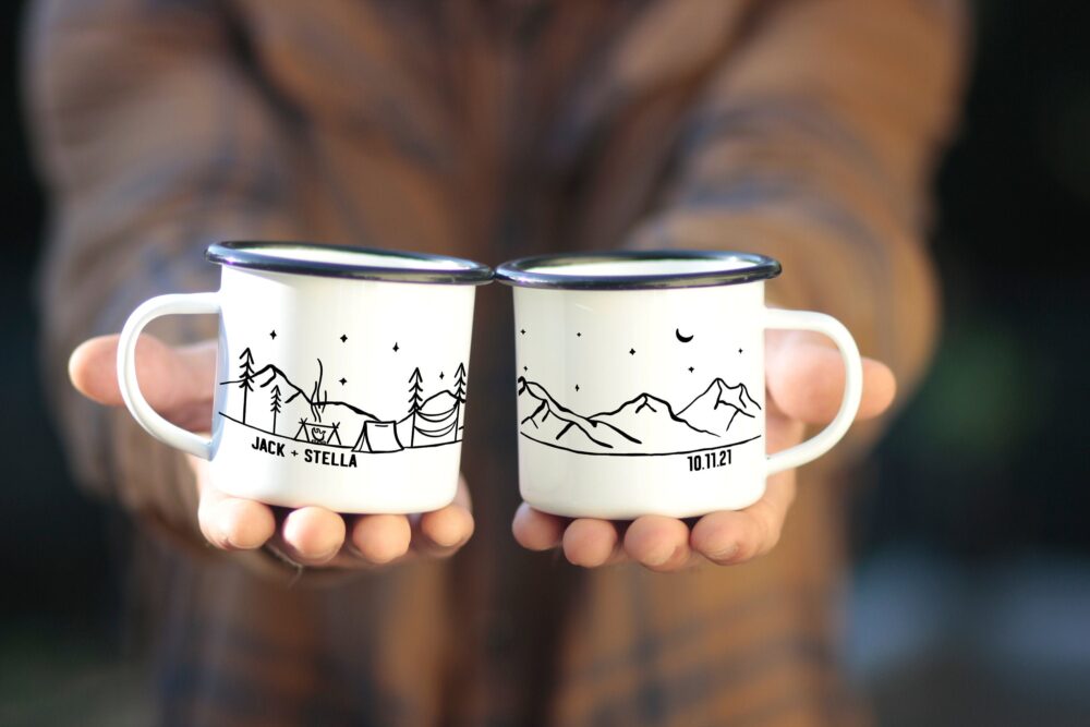 Custom Wedding Favor Gift Personalized Camp Mug Mountain, Couples Engagement Anniversary Gift, Bulk Unique Rustic Coffee Cup 11Oz