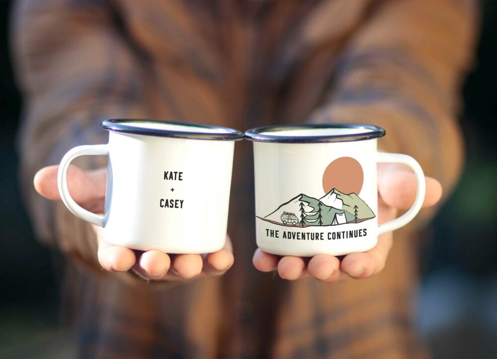 Wedding Gift Unique Engagement Camping Mug Custom Personalized, Fun Couple Mountain Gift 1 Cup Outdoorsy Newly Engaged Last Name 11Oz