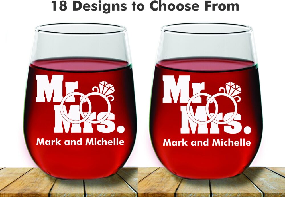 Mr & Mrs Engagement Rings Wedding Couples Stemless Wine Glass, 2 Pc Set Monogram Glass, Favors