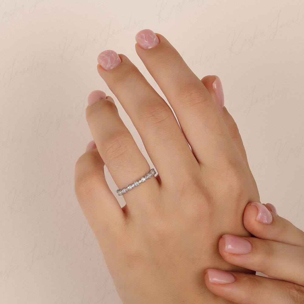 Womens Silver Half Eternity Wedding Band, Dainty Minimalist Round Cz Small Tiny Ring, Ring For Girlfriend