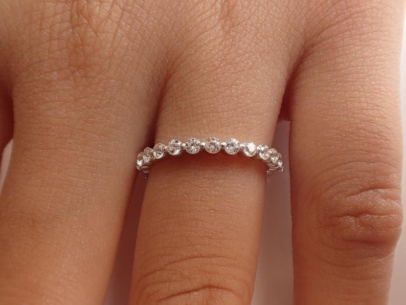2.0mm Single Prong Diamond Wedding Band/Floating Bubble Stackable Sterling Silver Full Eternity