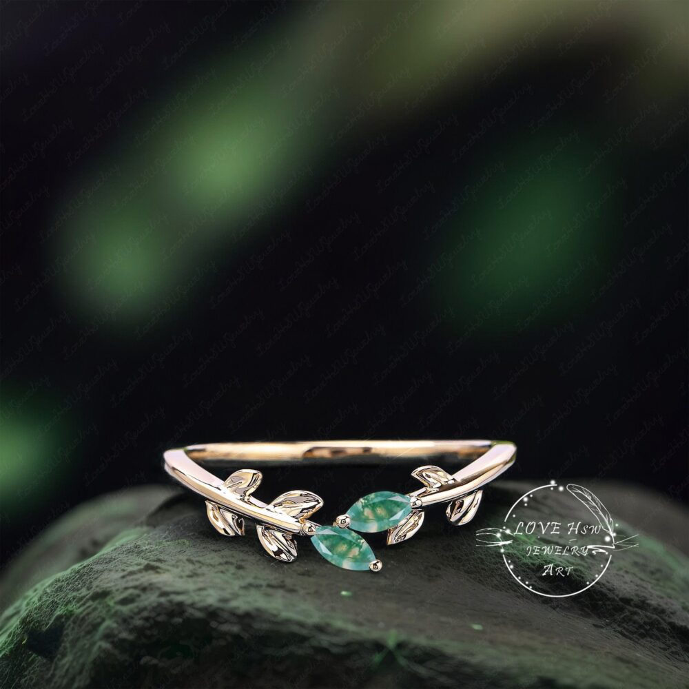 Unique Rose Gold Wedding Band Matching Delicate Art Deco Marquise Moss Agate Wedding Ring Vintage Leaf Anniversary Promise