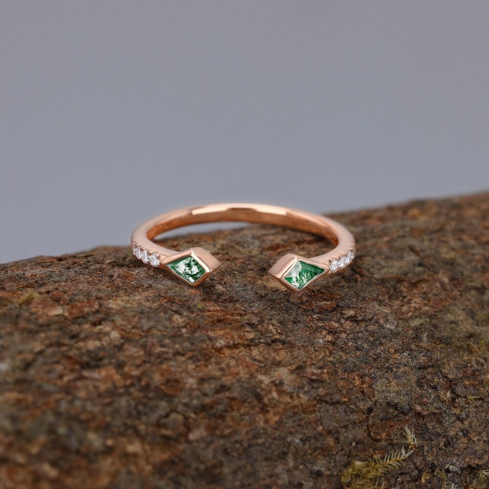 Moss Agate Wedding Band Dainty For Women Gold Promise Anniversary Elegant Gifts Her Bridal Gemstone