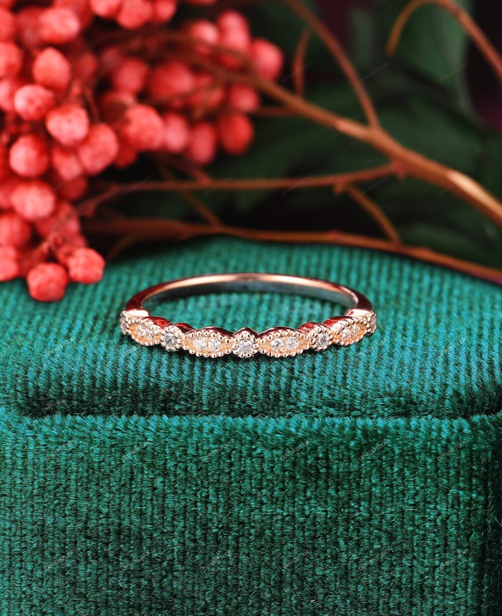 Moissanite Wedding Band, Half Eternity Stacking Ring Art Deco Rose Gold Simulated Diamond Ring, Stackable