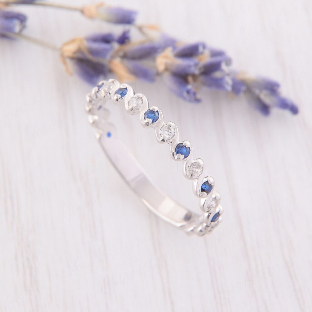 Womens Sapphire Wedding Band, Dainty Band, Silver Ring, Jewelry, Eternity Band, Blue Ring